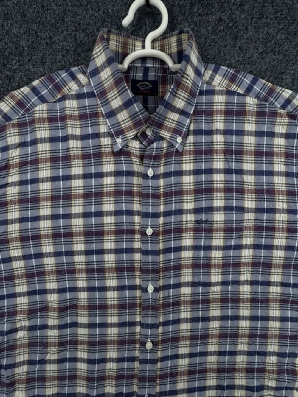 Paul & Shark Blue White XL Cotton Italy Button-Down Plaid Pocket Shirt Men Adult